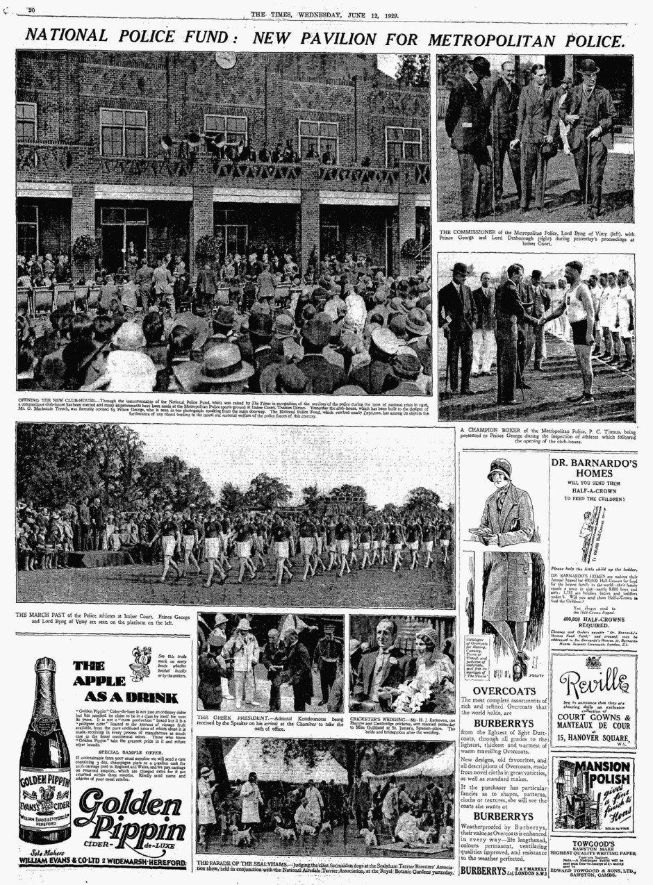 Newspaper article reporting the opening of the Club Pavilion by Prince George in 1929