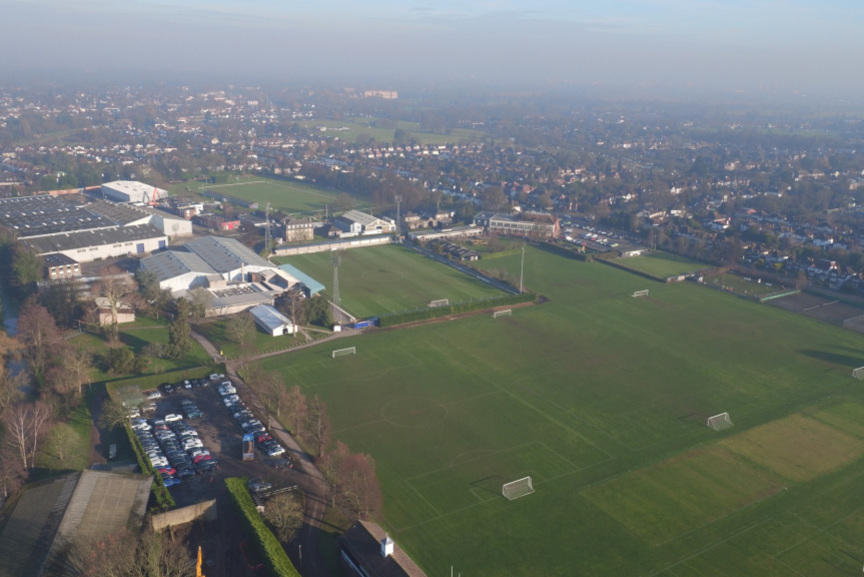 An aerial view of the Imber Court football pitches.